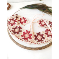 beige burgundi beaded collar necklace, traditional Ukrainian beaded sylyanka.