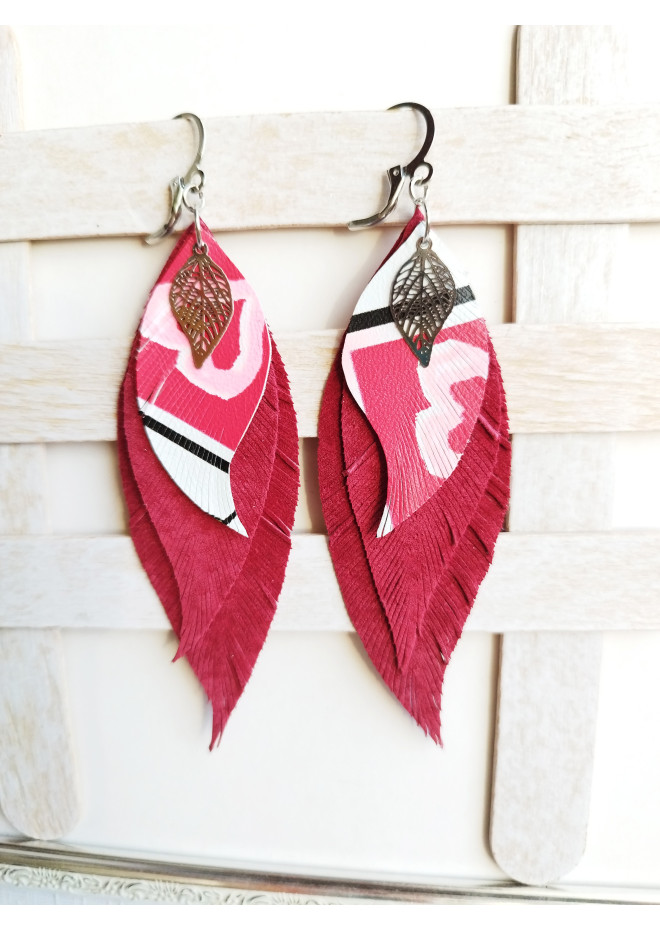 leather feather earrings pink genuine leather jewelry 