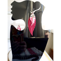 red  leather feather earrings,  handmade genuine leather jewelry.