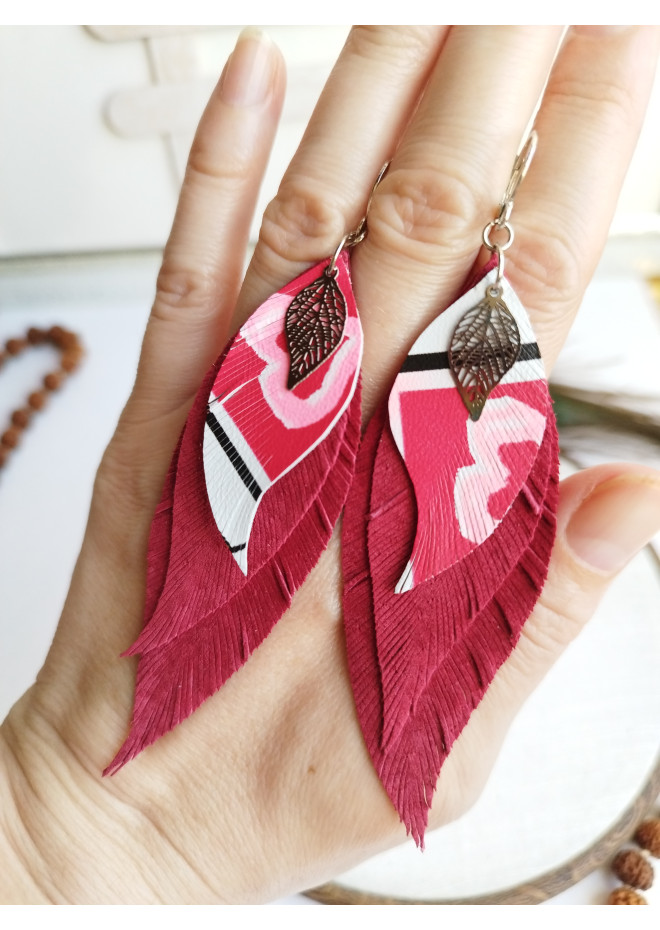 leather feather earrings pink genuine leather jewelry 