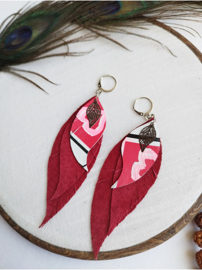 red  leather feather earrings,  handmade genuine leather jewelry.