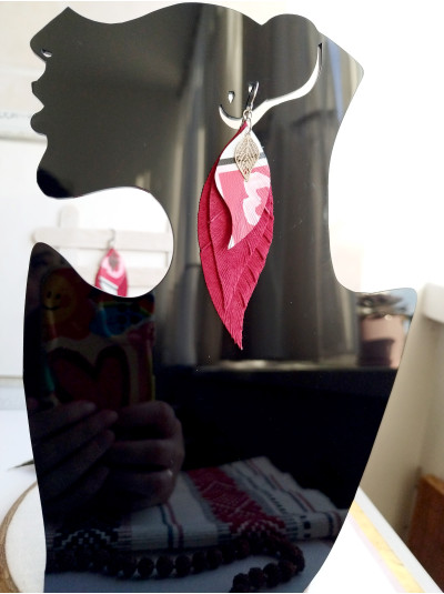 red  leather feather earrings,  handmade genuine leather jewelry.