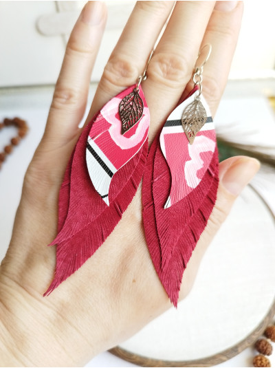 red  leather feather earrings,  handmade genuine leather jewelry.