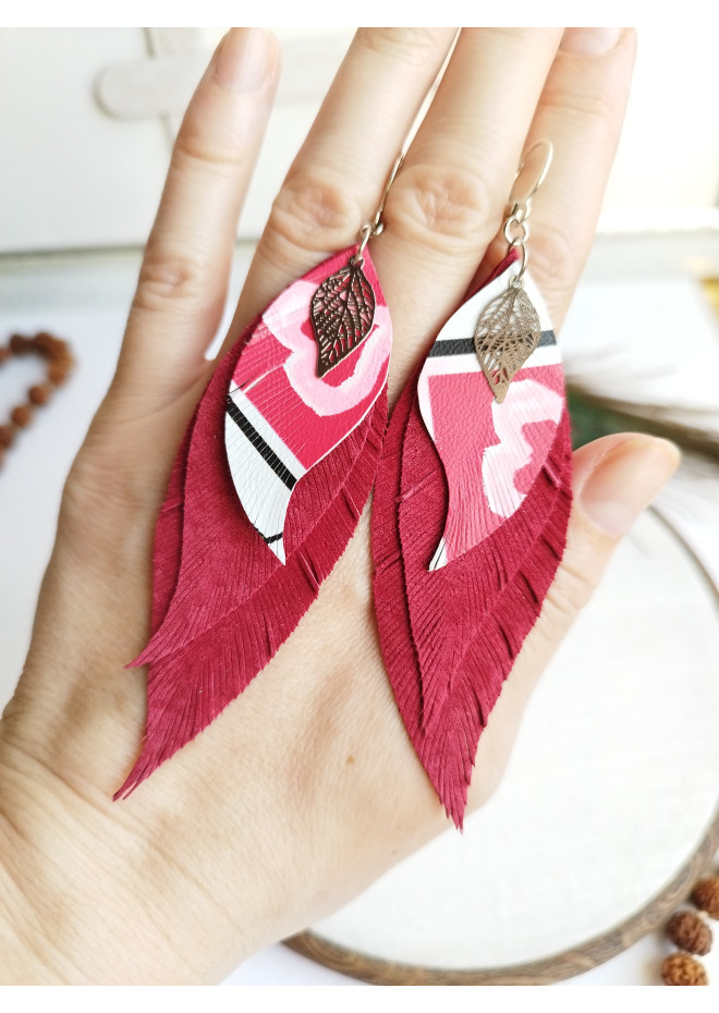 leather feather earrings pink genuine leather jewelry 