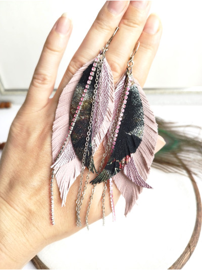 coft pink and black with chain leather feather earrings,  handmade genuine leather jewelry.