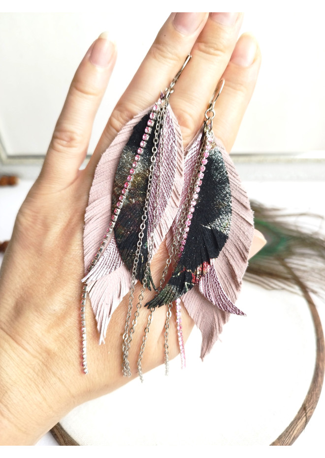 leather feather earrings pink genuine leather jewelry 