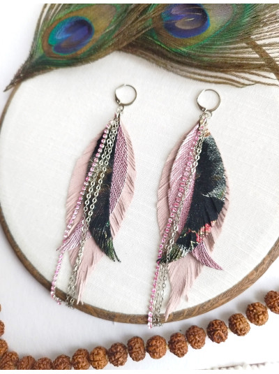 coft pink and black with chain leather feather earrings,  handmade genuine leather jewelry.