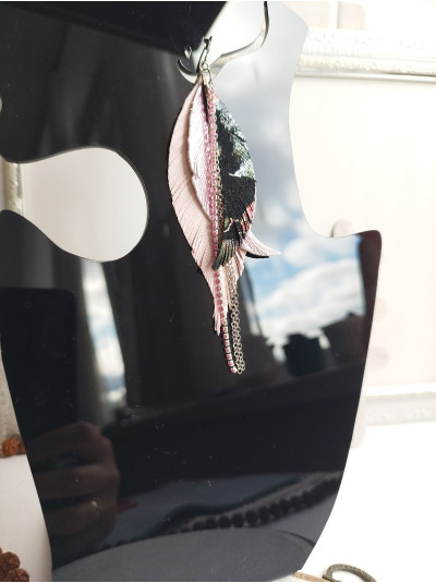 coft pink and black with chain leather feather earrings,  handmade genuine leather jewelry.