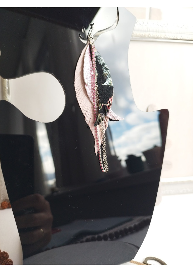 leather feather earrings pink genuine leather jewelry 