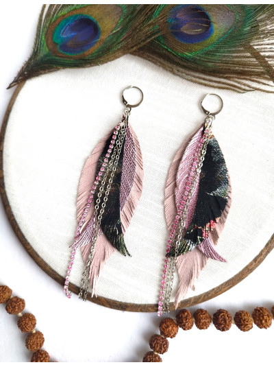 coft pink and black with chain leather feather earrings,  handmade genuine leather jewelry.