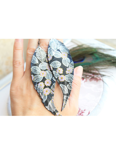 black long leather feather earrings, genuine leather jewelry 
