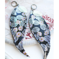 black long leather feather earrings, genuine leather jewelry 