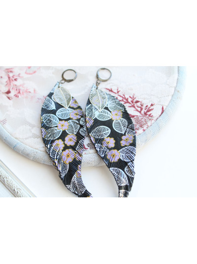 black long leather feather earrings, genuine leather jewelry 