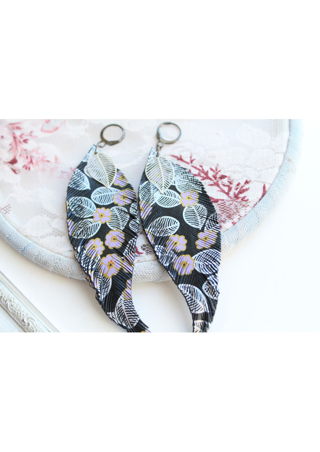 printed black long feathers earrings genuine leather jewelry  