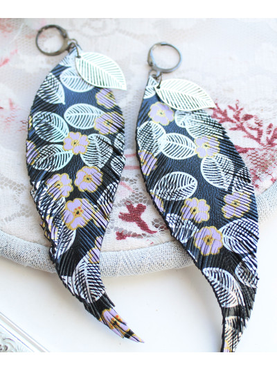 black long leather feather earrings, genuine leather jewelry 