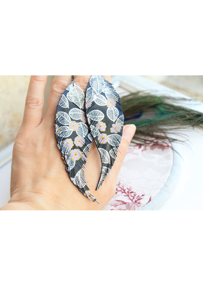 printed black long feathers earrings genuine leather jewelry  