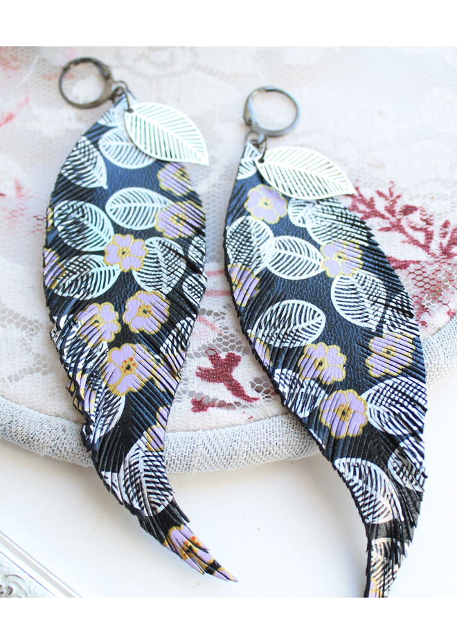printed black long feathers earrings genuine leather jewelry  