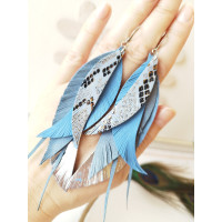 light blue long leather feather earrings, genuine leather jewelry 
