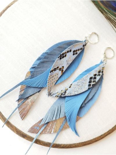light blue long leather feather earrings, genuine leather jewelry 
