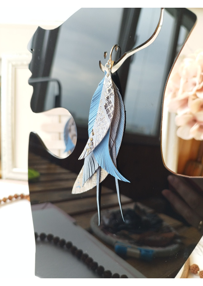 blue long feathers earrings genuine leather jewelry  