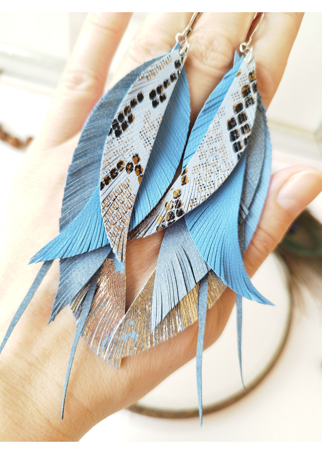 blue long feathers earrings genuine leather jewelry  