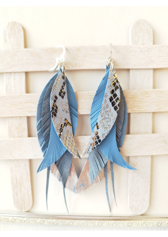 blue long feathers earrings genuine leather jewelry  