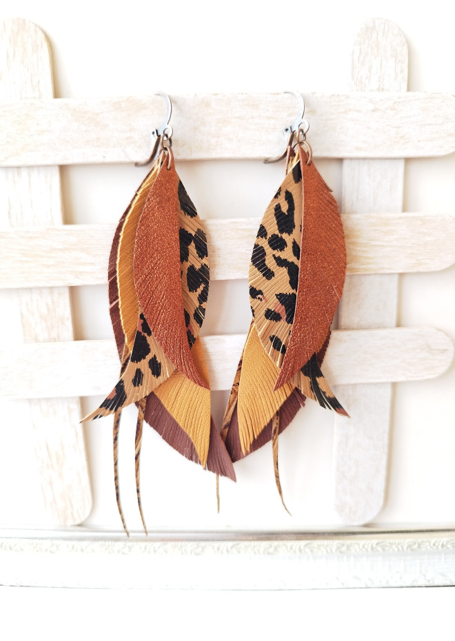 brown long feathers earrings genuine leather jewelry  