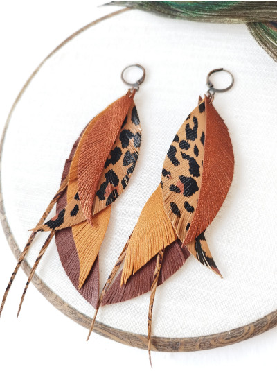 sand brown animal print long leather feather earrings, genuine leather jewelry 