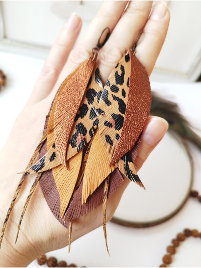 sand brown animal print long leather feather earrings, genuine leather jewelry 