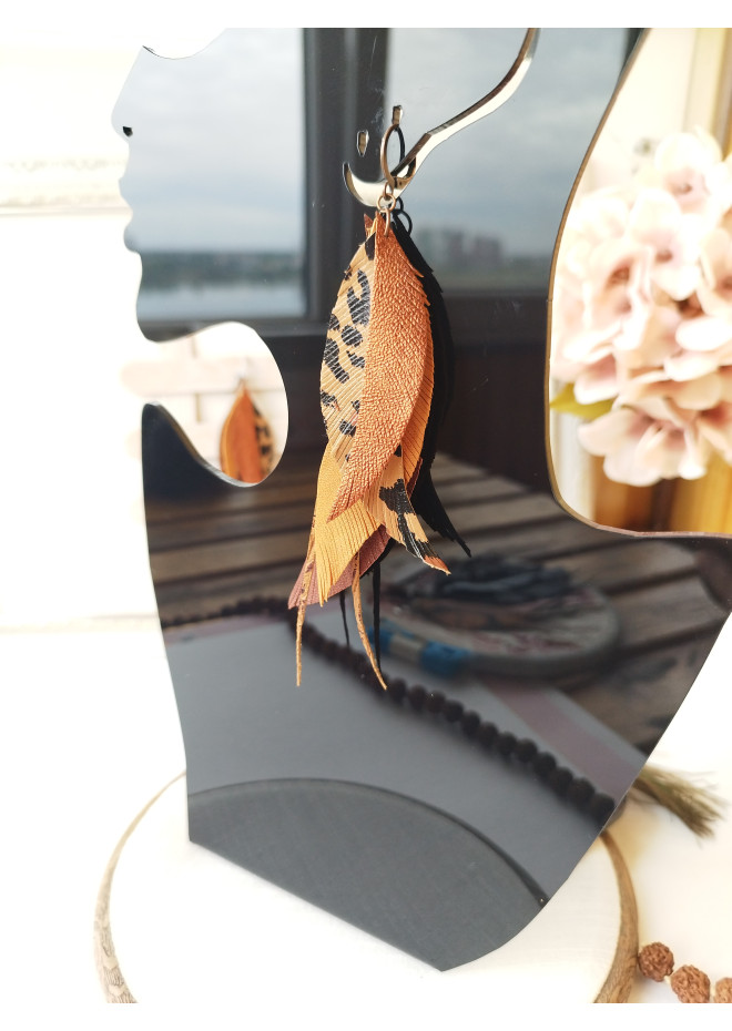 brown long feathers earrings genuine leather jewelry  