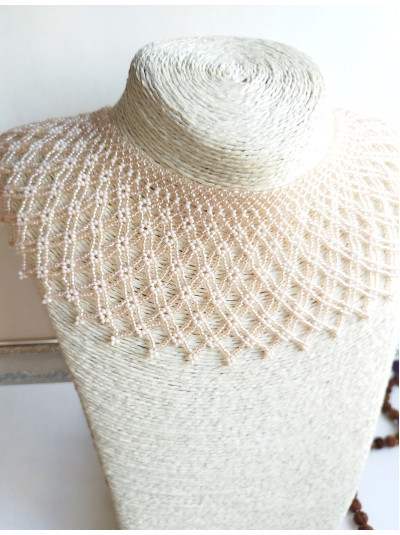 Beige collar beaded necklace, traditional Ukrainian beaded sylyanka