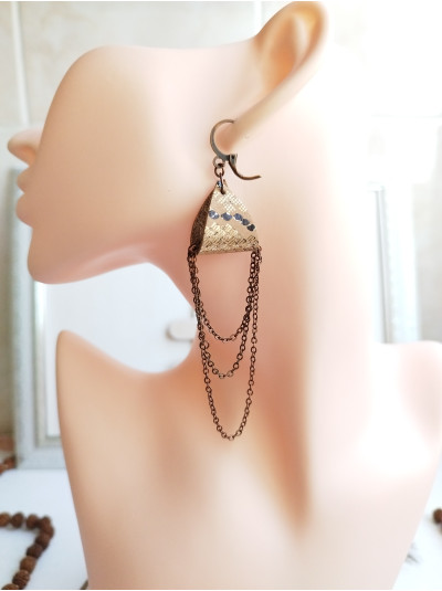 Brown drop chain leather earrings genuine leather jewelry 