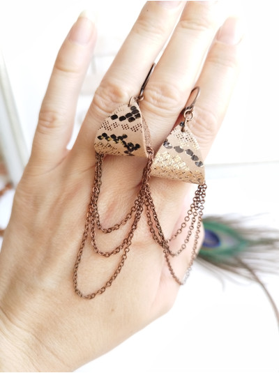 Brown drop chain leather earrings genuine leather jewelry 