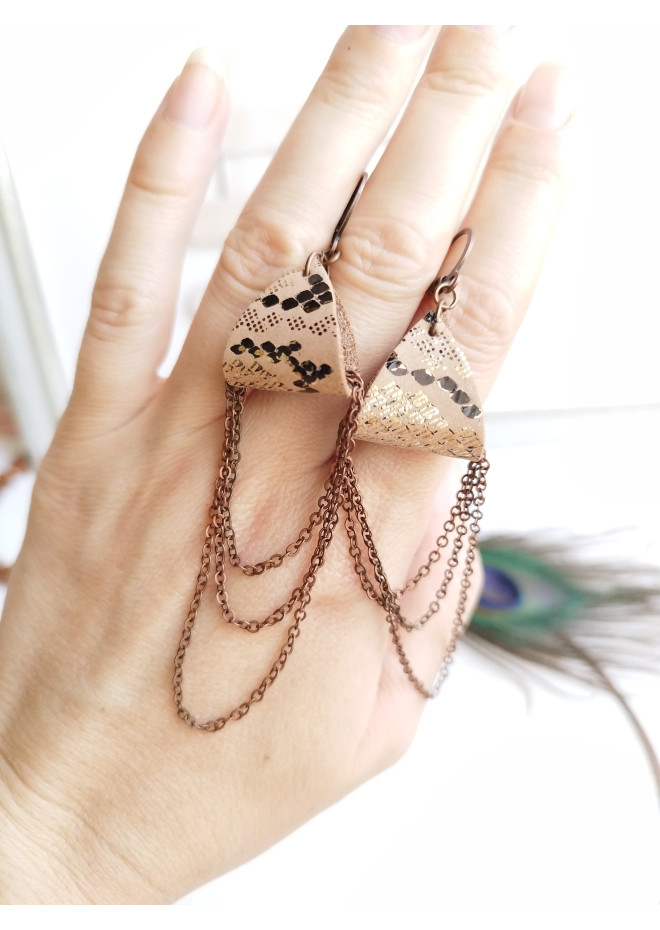 sand brown drop chain leather earrings genuine leather jewelry 