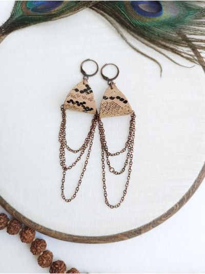 Brown drop chain leather earrings genuine leather jewelry 