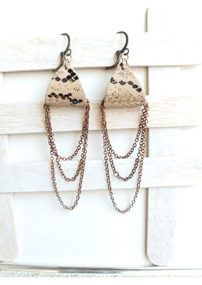 sand brown drop chain leather earrings genuine leather jewelry 