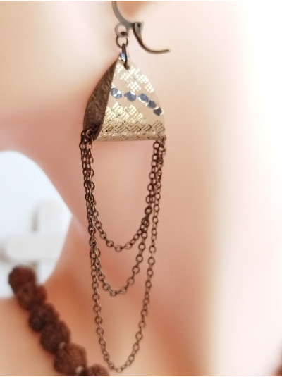 Brown drop chain leather earrings genuine leather jewelry 