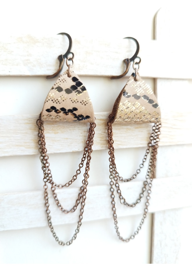 sand brown drop chain leather earrings genuine leather jewelry 