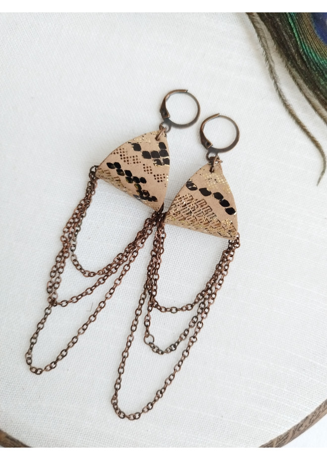 sand brown drop chain leather earrings genuine leather jewelry 