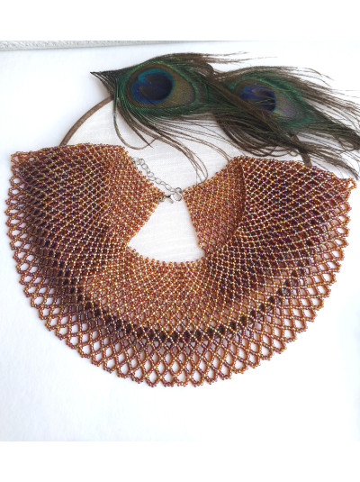 Brown gold collar beaded necklace, traditional Ukrainian beaded sylyanka