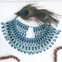 Emerald green blue collar beaded necklace, traditional Ukrainian beaded sylyanka