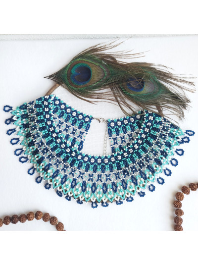 Emerald green blue collar beaded necklace, traditional Ukrainian beaded sylyanka