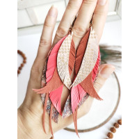 coral orange brown leather feather earrings.  