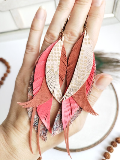 coral orange brown leather feather earrings.  