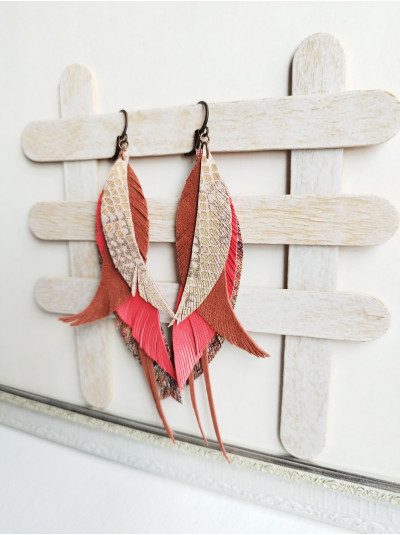 coral orange brown leather feather earrings.  