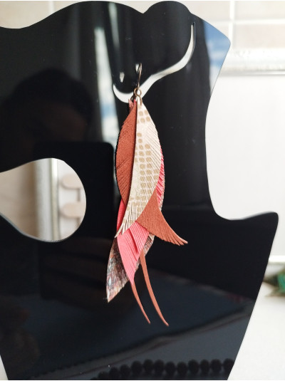 coral orange brown leather feather earrings.  