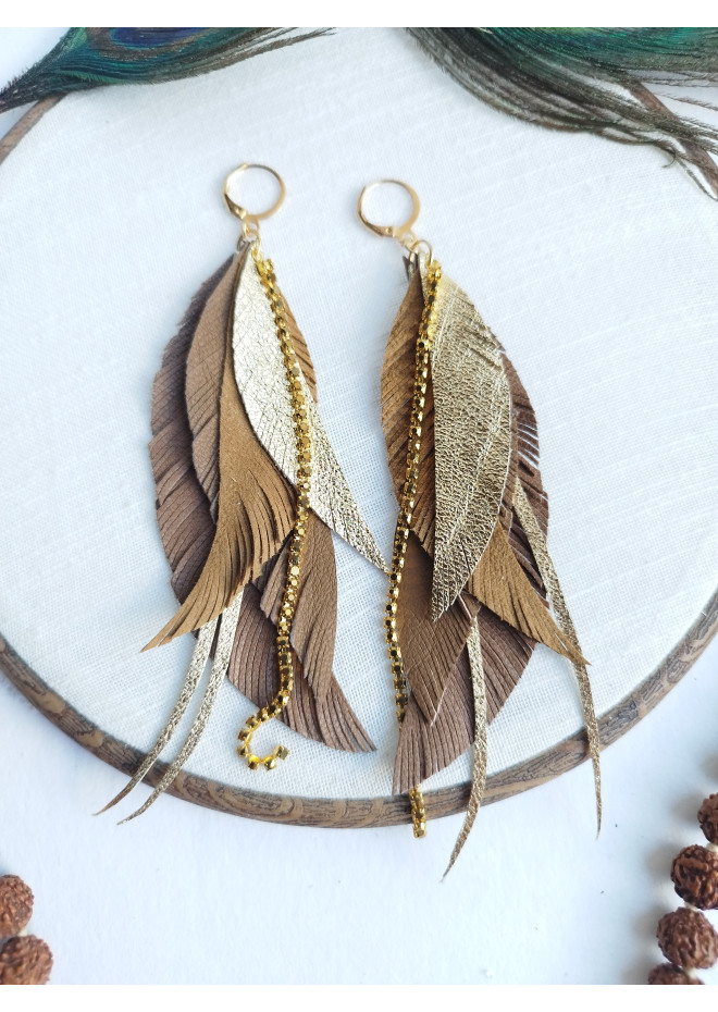 long leather feather earrings genuine leather jewelry  beige