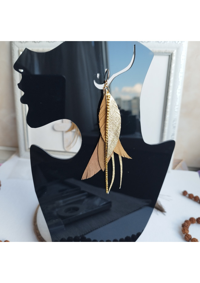 long leather feather earrings genuine leather jewelry  beige