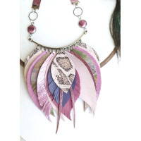 Soft lilac metallic pink leather feather necklace, bib evening jewelry 