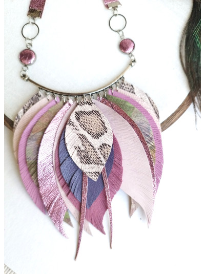 Soft lilac metallic pink leather feather necklace, bib evening jewelry 